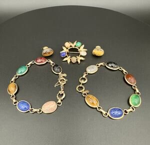 Vintage AMCO 12K GF Egyptian Revival Scarab Jewelry Suite 2 Bracelets Brooch